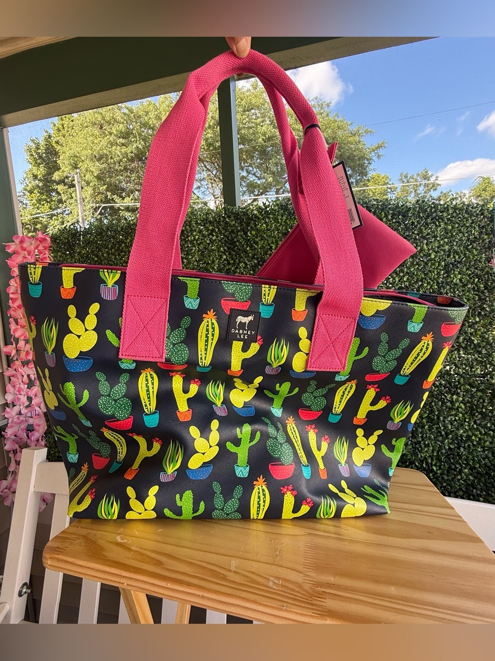 Dabney Lee Large Cacti Tote Bag Pink Handles Removable Pouch NWT